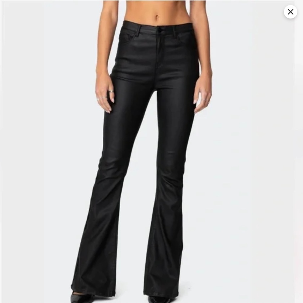 EDIKTED Black Faux Leather Flare Pants EUC